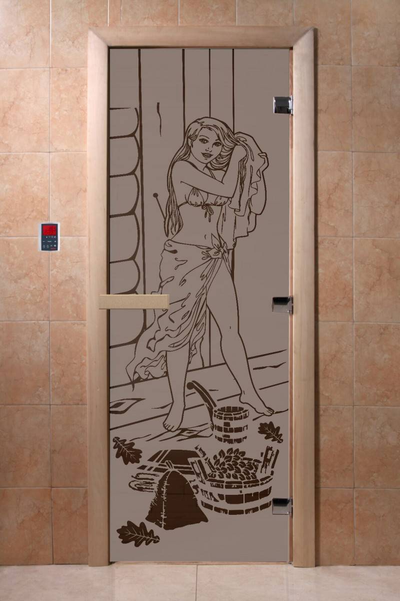 Дверь банная стеклянная 1700*680 стекло рисунок Девушка ( 8мм 3 петли правая) Правая